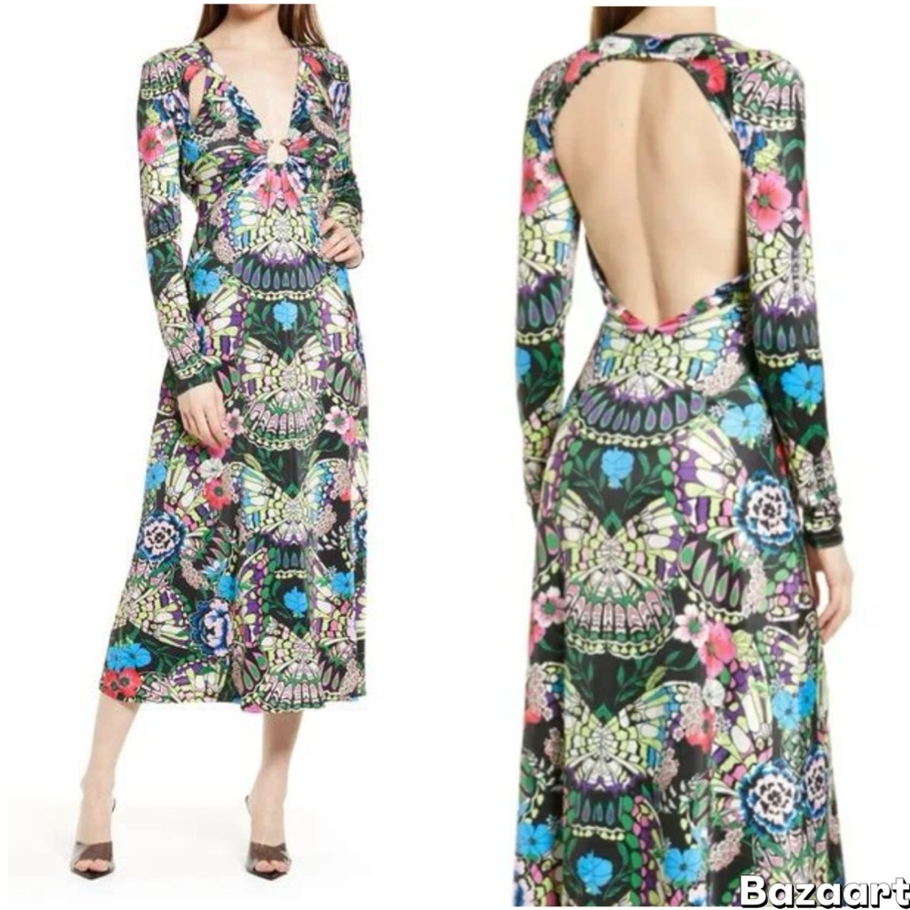 AFRM Meena Floral Long Sleeve Plunge Neck Dress